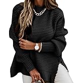 ACWUMU Women's Long Sleeve Sweaters Casual Loose Crewneck Ribbed Knitted Sweater Fall Pullover Split Jumper Tops