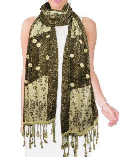 Chinese Vintage Style Small Flowers & Vine Pattern Floral Scarf - Tan & Cream