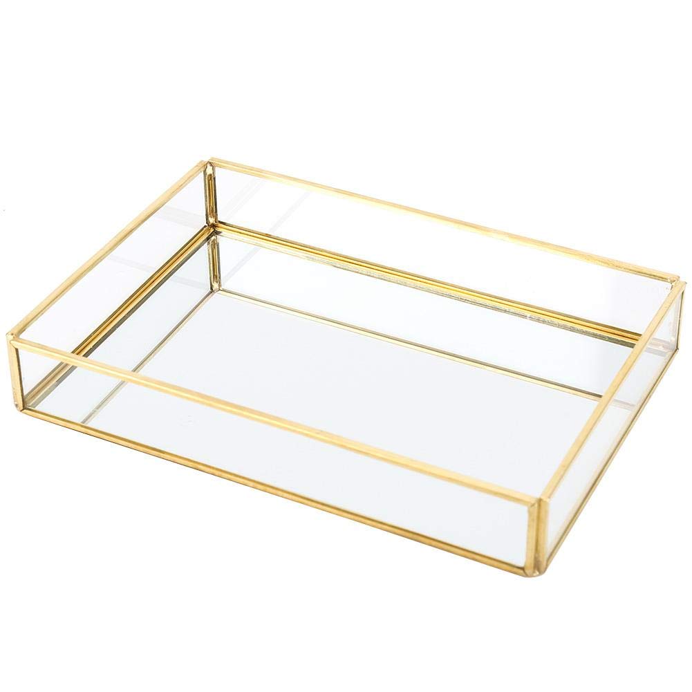 DeWin Cosmetic Storage Box, Vintage Metal Glass Storage Box, Gold Tray, Cosmetic Display Boxes for Bathroom Accessories (Small Size)