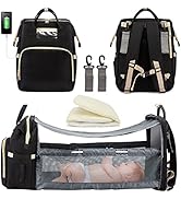 3 in 1 Diaper Bag Backpack with Changing Station, Waterproof Baby Bag with Auto Foldable Crib, Tr...