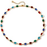 Dainty Square Colorful Rhinestone Necklace for Women Bohemian Multicolor Gemstones Glass Beaded Chain Choker Adjustable Clavicle Summer Boho Rainbow Birthday Wedding Party Prom Neck Fashion Jewelry