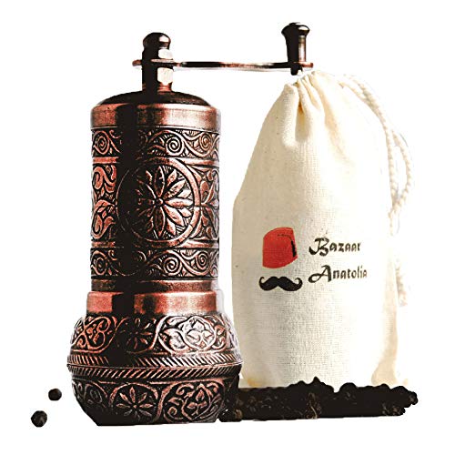 Bazaar Anatolia Pepper Grinder, Spice Grinder, Pepper Mill, Turkish Grinder (4.2" Antique Copper)