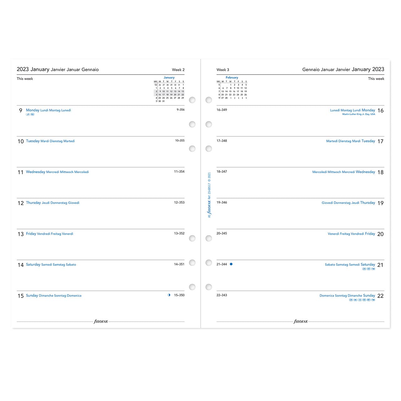 Filofax A5 Week Per Page 4 language 2023 diary, White