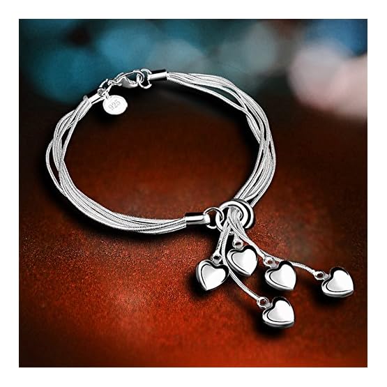 925-Sterling-Silver-Five-Line-Chain-with-Five-Heart-Bracelet-Bangle 925-Sterling-Silver-Five-Line-Chain-with-Five-Heart-Bracelet-Bangle