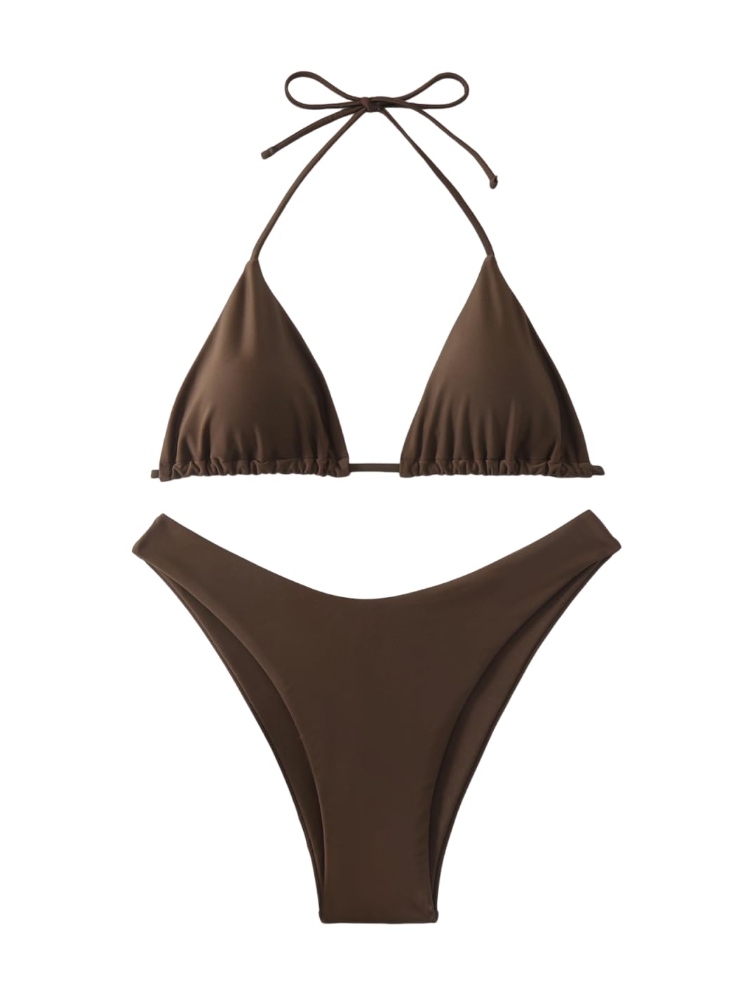 Photo 1 of GORGLITTER Women's High Cut Thong Swimsuit Halter Triangle Tie Back Bikini Set Bathing Suit Coffee Brown Large