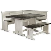 Carriage House Wood Breakfast Nook Set, Off White and Dark Brown Finish, Mahogany Base, Hidden Storage Benches, Reversible Design, Two-Toned European Cottage Style Dining Set for Small Spaces
