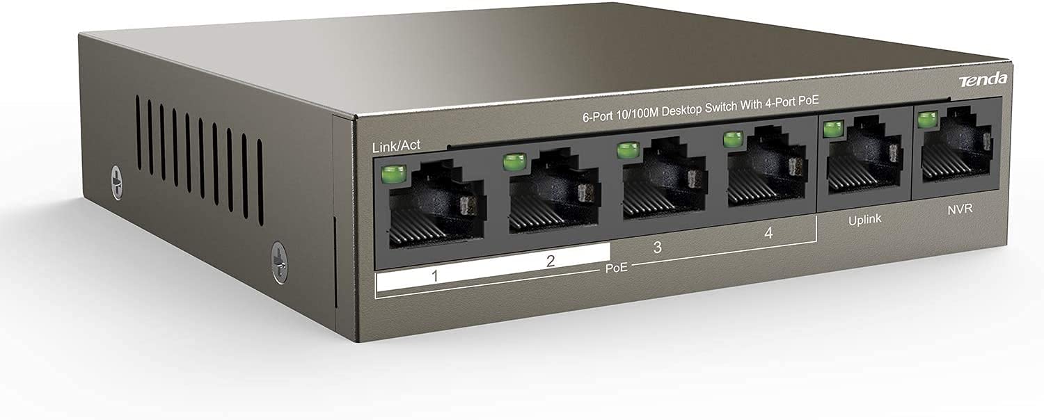 Tenda PoE Switch 6-Port 100Mbps, 4 PoE+ & 2 Uplink Ports, 58 W for all PoE Ports, QoS, 250m Transmission Distance, Desktop/Wall Mount, Ideal for IP Surveillance and Access Point (TEF1106P-4-63W)