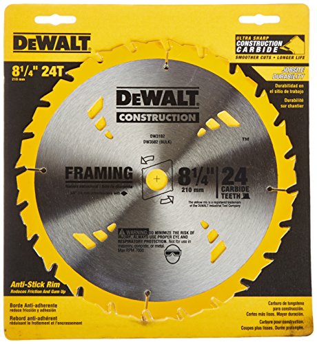 DEWALT 8-1/4-Inch Circular Saw Blade, ATB Framing with 5/8-Inch Arbor, 24-Tooth (DW3182)