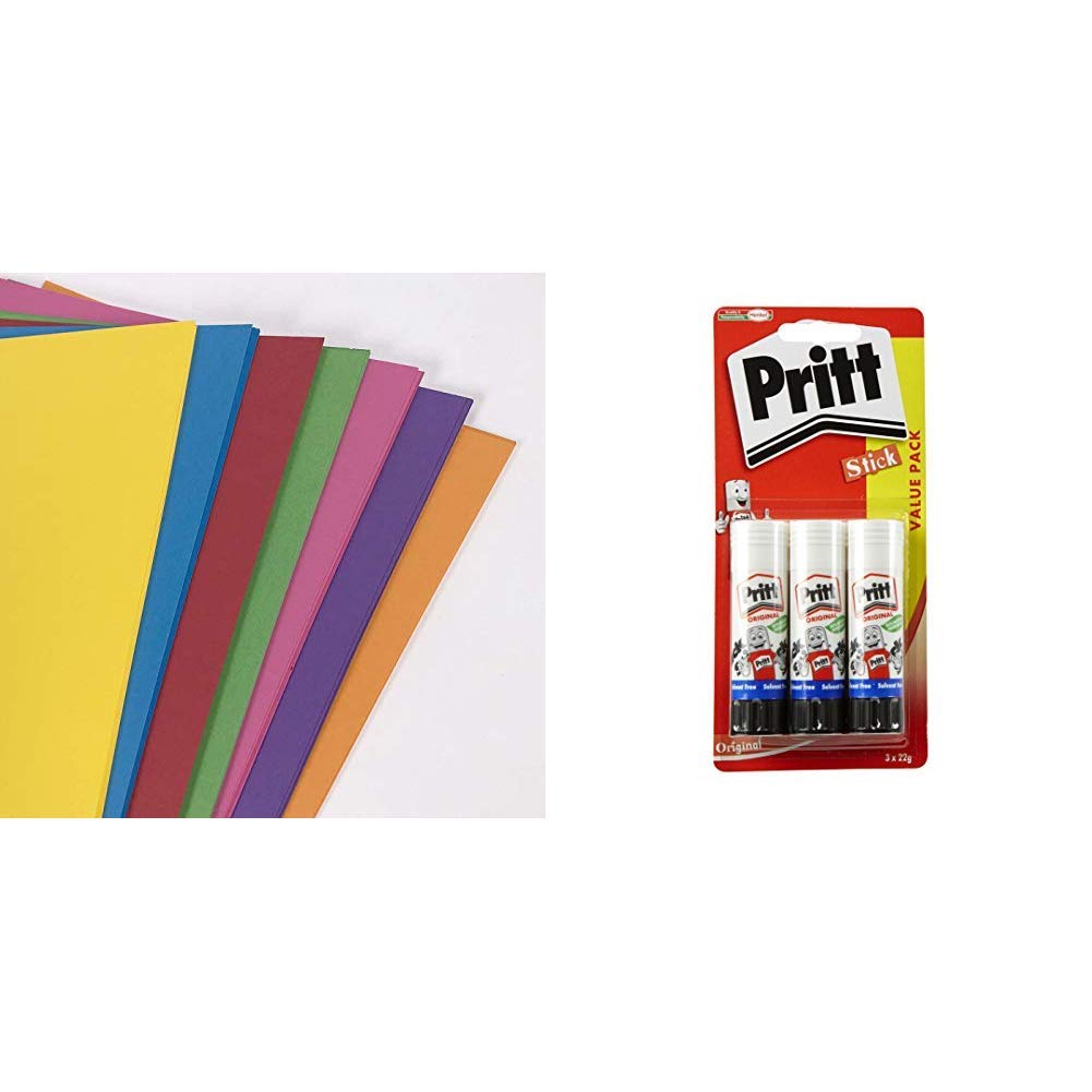 RAINBOW Intensive A4 160 gsm Bright Rainbow Coloured Card (Pack of 70 Sheets) &Pritt Stick Original Glue Stick - Multi Pack 3 x 22g - Childproof and washable for paper, cardboard and felt