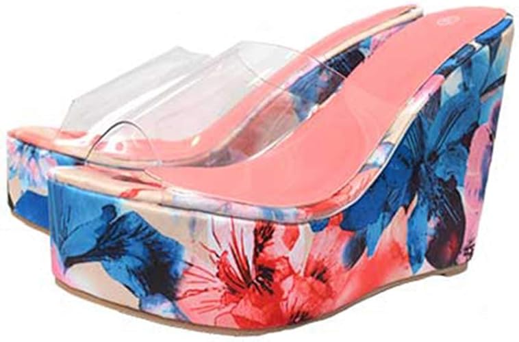 Amazon Kanna 厚底ウェッジ サンダル クリアサンダル ウェッジソール 厚底 ウェッジソールサンダル ウェッジソール ウエッジソール サンダル ミドルヒール グラディエーター ブルーオレンジ 花柄 ミュール フラワー ミュールサンダル ファッションサンダル