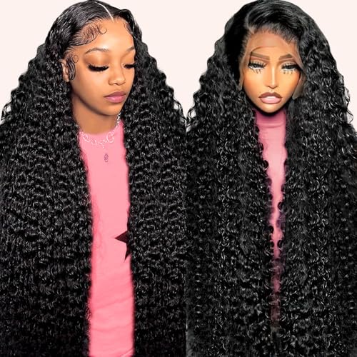 Tkekrw 30 Inch 13x6 HD Deep Wave Lace Front Wigs Human Hair 200 Density HD Frontal Water Wave Wigs Glueless Wet and Wavy Pre Plucked Curly Wig for Women 100% Brazilian Remy Virgin Hair Natural Black