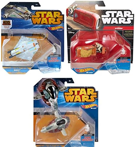 Hot Wheels Star Wars Rey's Speeder, Boba Fett's Slave 1, &amp; Ghost 3-Car Ship Bundle