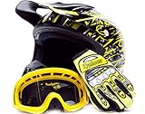 Adult Offroad Helmet Goggles Gloves Gear Combo Yellow Splatter (XL)