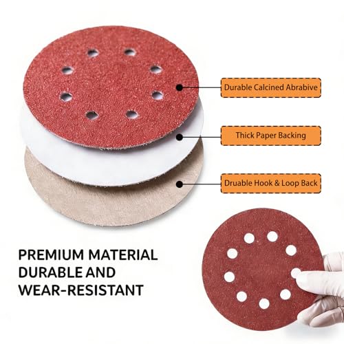 Sandpaper 100 Pieces 5 Inch with 8 Holes Dustless Hook-and-Loop Circular Sanding Discs Sandpaper Assorted Assortment from 60 to 600 Gritsï¼Ë†60/80/100/120/150/180/240/320/400/600ï¼â€°