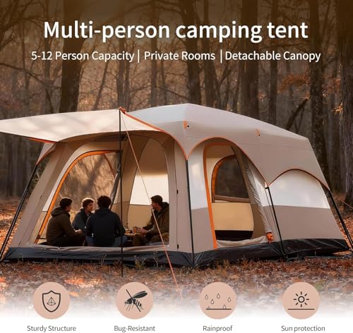 Large Family Standing Upright Camping Tent ，Multi-Room Tent with Screened Porch，Doors and Windows ，Oxford Fabric Waterproof Family Camping Tent for Outdoor,Picnic,Camping