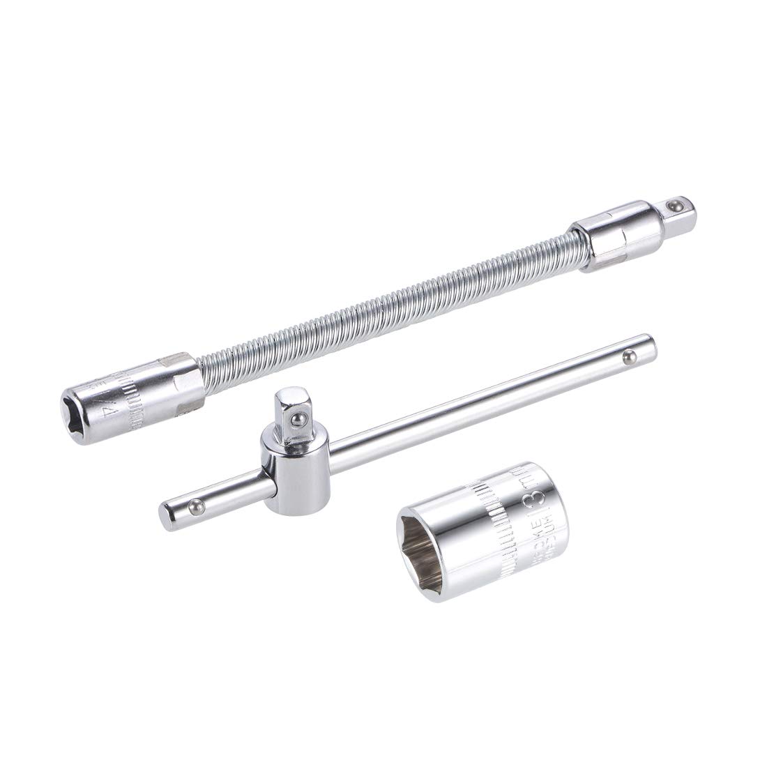 sourcing map Socket Accessory Set of 3 Pcs, 13mm 6-Point Shallow Socket 4.5" Sliding Wrench Breaker Bar 6" Flexible Extension Bar with 1/4" Drive — image 1