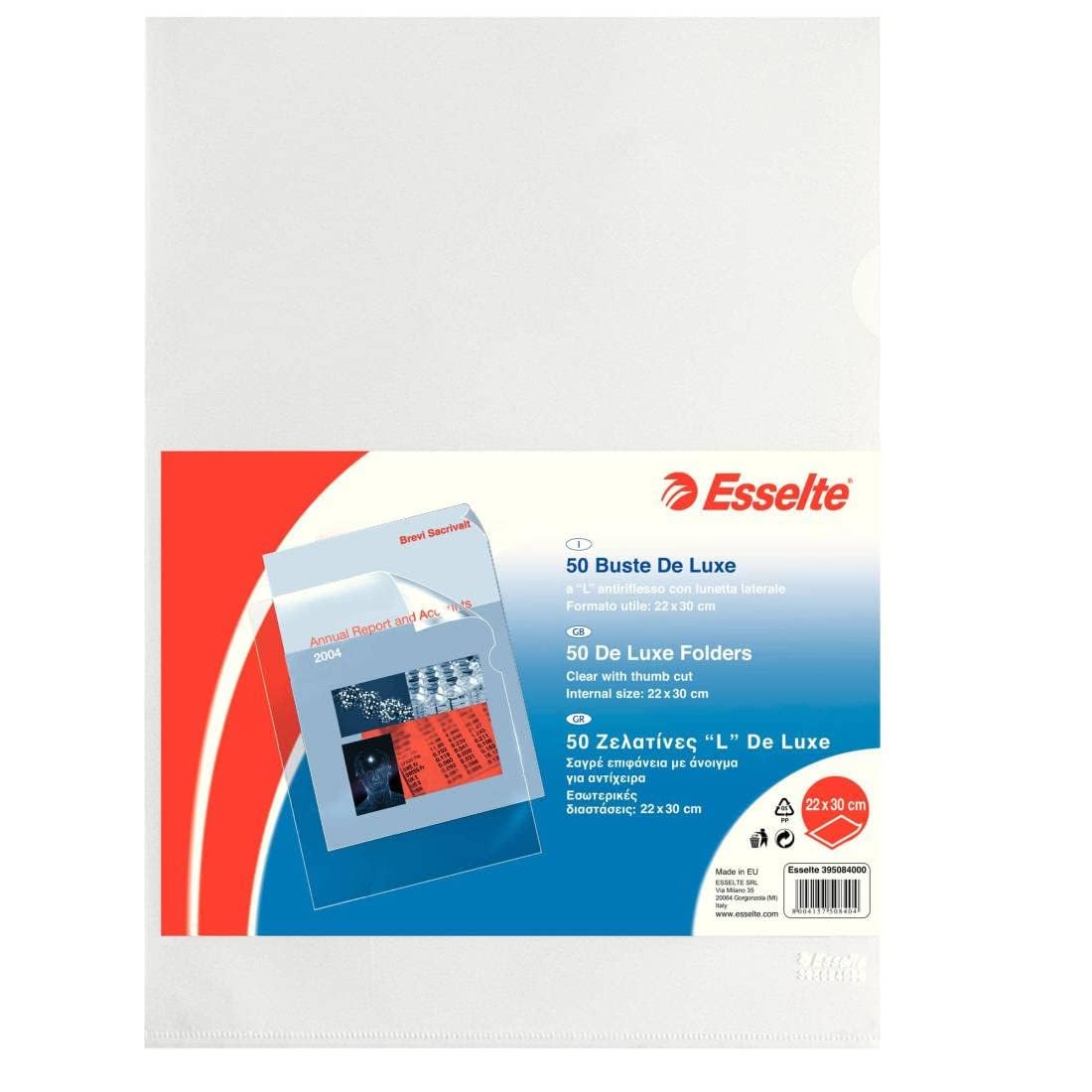 Esselte Envelopes A L Copy Safe de Luxe, Transparent, 22 x 30 cm, format Document Holder, Folio in PP 50 envelopes PP antiriflesso transparent