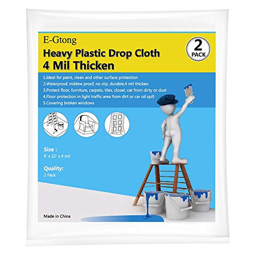 E-Gtong 1-Pack 2 Mil Heavy Duty Plastic Drop Cloth, 9-Feet by 12-Feet Clear Plastic Tarp Plastic Painting Tarp Plastic Sheeting, Waterproof Patio Furniture Covers