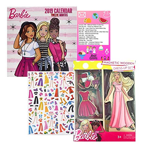 Multiple Barbie My First Magnetic Wooden Dress-Up Doll Set Gift Set and Barbie 2019 Wall Calendar 10x 10 in. and Dress Up Sticker Sheet with 123 Stickers Quiet Art Time 3 Piece Bundle