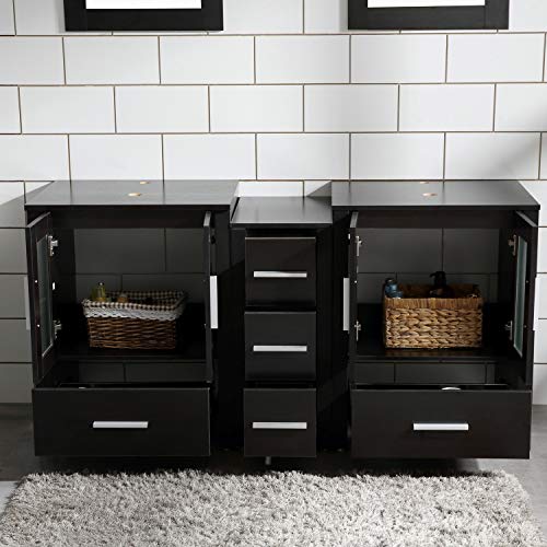 60" Bathroom Vanity Cabinet Double Top Sink Combo Black MDF Wood w/Mirror Faucet and Drain
