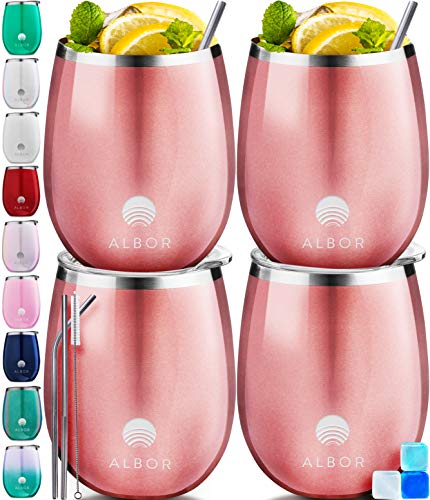 Albor Triple Insulated Wine Tumblers with Lids and Straws Rose Gold Wine Tumbler Set (12 Oz, 4 Pack)