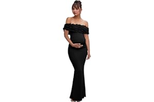 Smileven Women's Satin Maternity Dresses for Photoshoot 3D Floral Off Shoulder Baby Shower Dress Bodycon Pregnancy Gowns