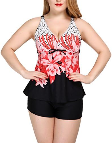 Zadaland Women's Plus Size Floral Tummy Control Tankini Sets Two Piece Swimsuits Red 20