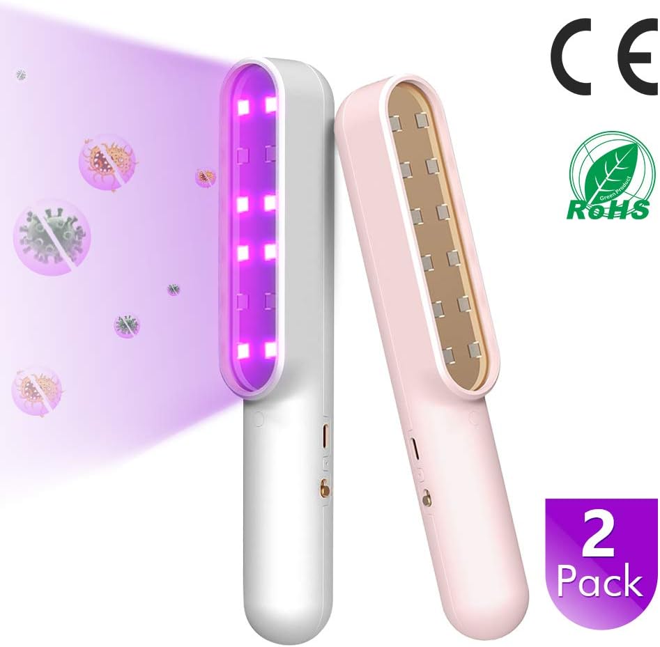 Ultraviolet Disinfection Lamp Portable UV Light Sanitizer Wand, DIHOOM LED UV-C Light for Sterilizer, Home Travel Personal Items Bedings Washroom Disinfecting, 2 Pack - White & Pink