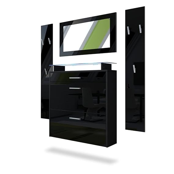 Vladon Garderobenset Garderobe Malea, Korpus in Schwarz matt/Front in Schwarz Hochglanz