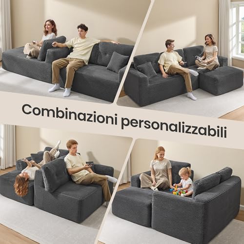 Divano Angolare, Divano Modulabile 244 cm, Consegnato Compresso in Collo, Senza Montaggio, con Ampia Chaise Longue a Destra, per Soggiorno, Camera degli Ospiti, Grigio Ardesia LCS184GN01