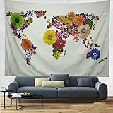 Leofanger World Map Tapestry Wall Hanging Flower Map Wall Tapestry Meadow Wall Tapestry Butterfly Wall Decor Hippie Tapestries Bedroom Dorm Decor 59.1 × 51.2 inches