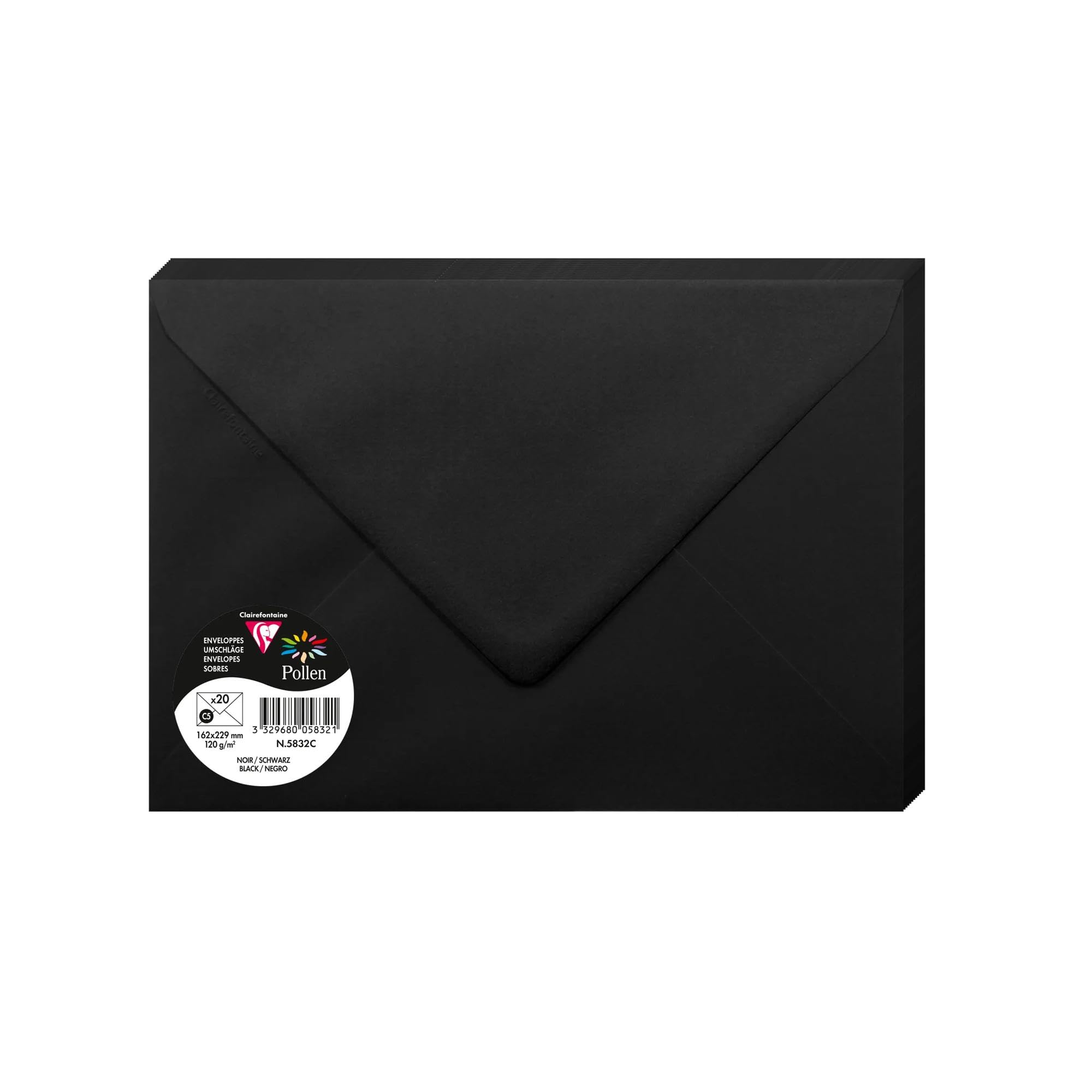 Clairefontaine 5832C Pack of 20 Gummed Envelopes C5 16,2x22,9cm 120gsm Colour Black Invitation Events Correspondence Pollen Range Premium Smooth Paper — image 1