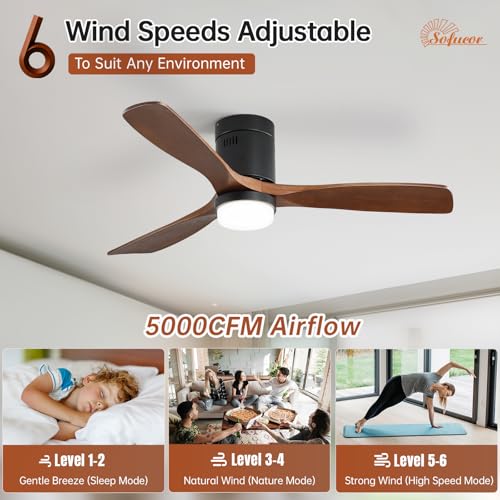Sofucor Wood Ceiling Fan with Light 132 cm, 6 Speeds, Control, Timer, DC Motor, LED Silent Ceiling Fan with Lamp for Bedroom Living Room