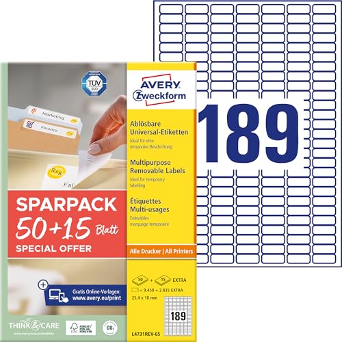 AVERY Zweckform L4731REV-65 Universal Labels (9.450 Plus 2,835 Extra Adhesive Labels, 25.4 x 10 mm on A4, Removable/Removable Without Residue, Printable, Self-Adhesive Stickers) 65 Sheets, White
