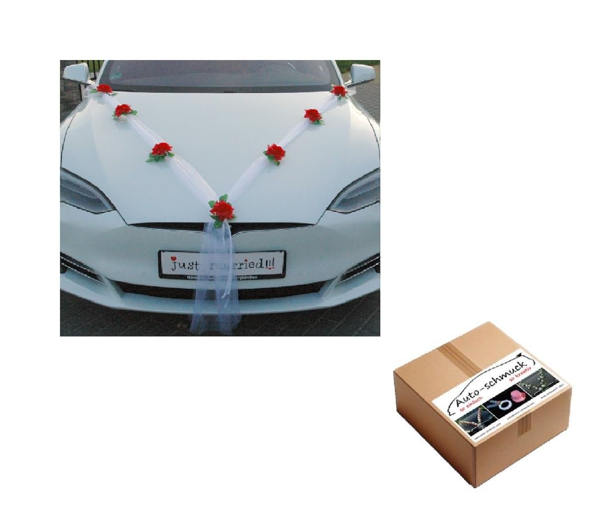 DER KLASSIKER Auto-Schmuck 100% fertige Dekoration Braut Paar Rose Deko Autoschmuck Hochzeit Car Auto Wedding Deko Ratan Girlande (Rot/weiß)