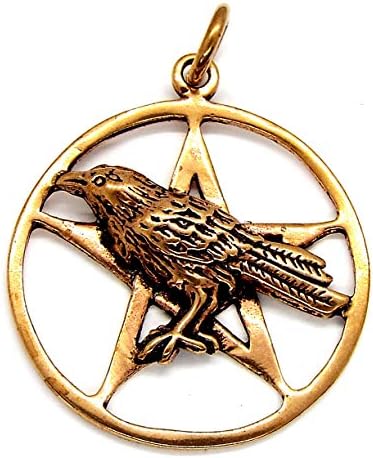 Large Bronze Pentagram Raven Pagan Pendant Necklace