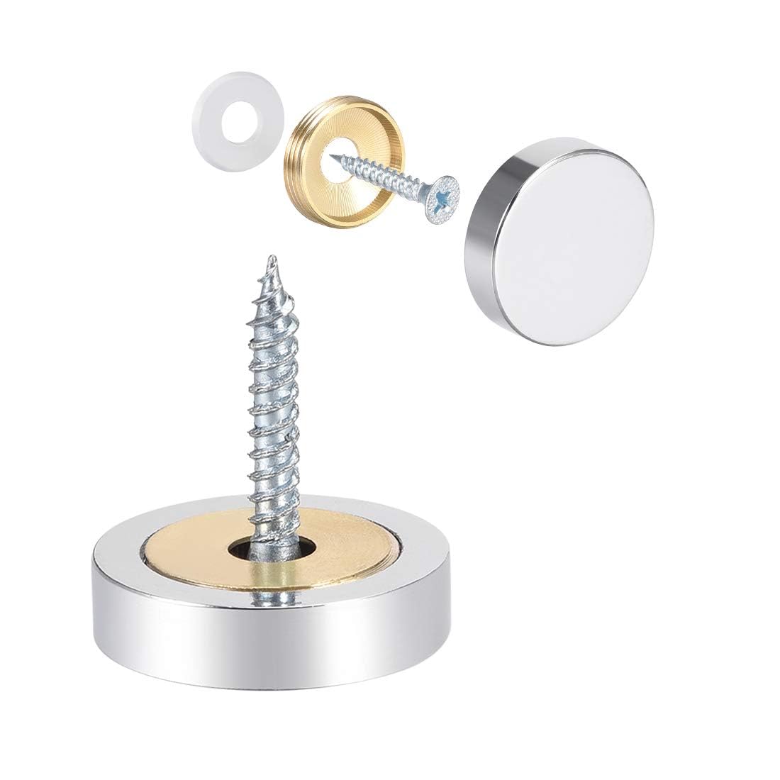 TOP-VIGOR 8Pcs Mirror Screws, 25mm brass Mirror Screws Cap Nail with Washers, Decorative Cap Covers Polished Mirror Nails for Mirrors, Furniture Fittings, Tables, Wardrobes, Glass, Silver