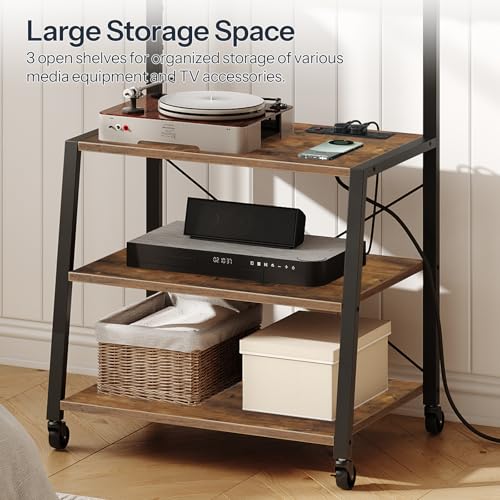HOOBRO Mobile TV Stand Cart, 3 Tier Floor TV Cart with Wheels, Rolling TV Stand for Living Room, Height Adjustable Rolling TV Storage for Bedroom, Office, Rustic Brown and Black EBF66KDS01