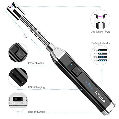 TECBOSS Candle Lighter, Electric Arc Lighter for Kitchen, BBQ, Fireworks, Gas Stove, Flameless Windproof Long Lighter with USB Rechargeable Interface, 360Â° Rotated Tube