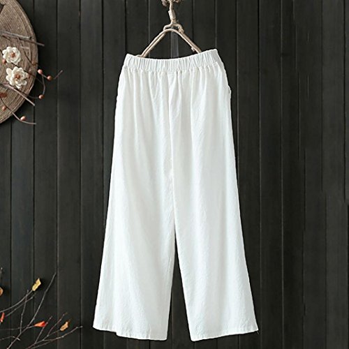 Pervobs Women Pants, Clearance! Women Loose Palazzo Cotton Linen High Waist Elastic Waist Wide Leg Pants Trousers (XL, White)