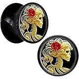 Body Candy Black Acrylic Red Rose Skeleton Saddle Plug Pair 1/2