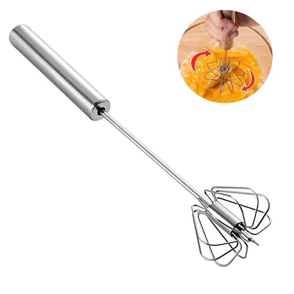 Hand Push Rotary Whisks Stainless Steel, 13.5 Inch Semi-Automatic Egg Whisks for Cooking, Kitchen Whisk Blender for Blending, Versatile Milk Frother, Beating, Stirring, Hand Push Wisking tool