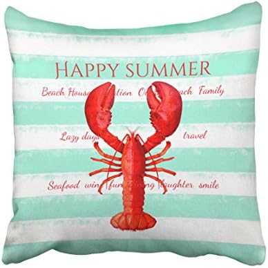 Accrocn Square Throw Pillow Covers Red Lobster On Turquoise White Nautical Stripes Outdoor Pillowcases Polyester 18 X 18 Inch With Hidden Zipper Home Sofa Cushion Decorative Pillowcase
