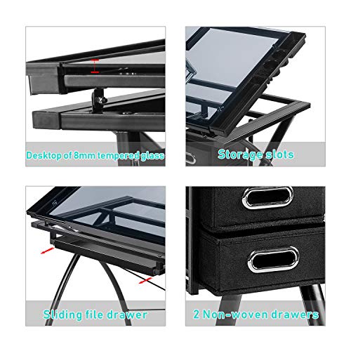 BAHOM Adjustable Drafting Table Glass Top, Art Drawing Craft Desk with 2 Drawers, Perfect for Artwork and Design, Black - Thumbnail 5