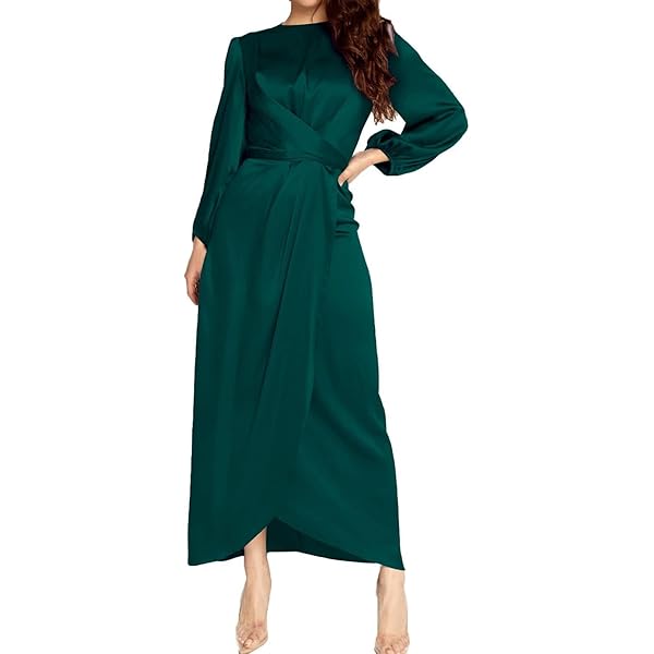 xxxiticat Women's Green Satin Dress Long Lantern Sleeve Mock Neck Puff  Shoulder Tie Waist Pleated Cocktail Maxi Slip Dresses(BL,S) at Amazon  Women's Clothing store