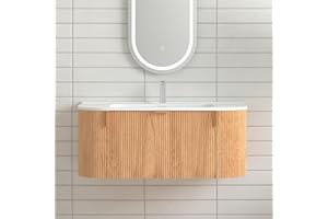 RAINLUX 36'' Floating Bathroom Vanity with Sink, Wall Mounted Modern Bathroom Cabinet W/Curved Edges Stripes, Oak & Plywood, Pre-Assembled with Integrated Ceramic Basin – Havana, Natural Oak