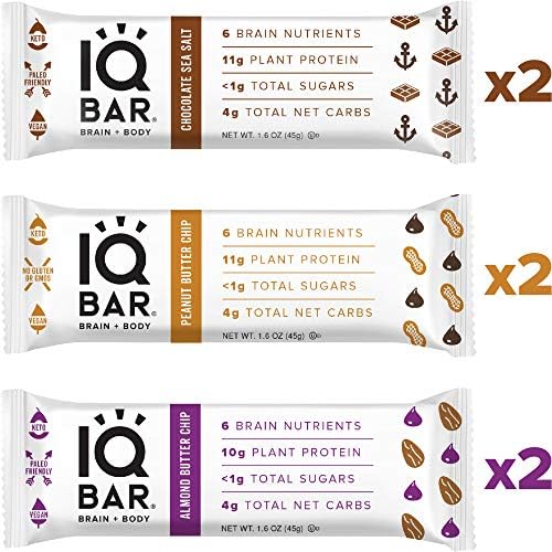 IQ BAR Brain + Body Bars, Chocolate Lovers Variety | Keto, Paleo-Friendly, Vegan | 10-11g Protein, 1g Sugar, 4g Net Carbs | Non-GMO, Gluten-Free, No Sugar Alcohols | 6-Count (3 Flavors)