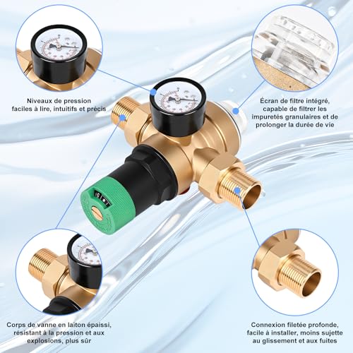 Diealles Shine 3/4" Water Pressure Reducer Pressure Regulator with Pressure Gauge and Sieve Filter Pressure Reducing Valve Brass Pressure Regulator for Homes Buildings