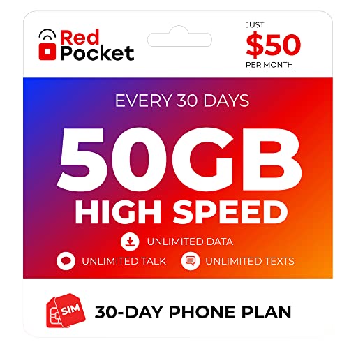 Red Pocket Mobile $50/Month Phone Plan, Free SIM Card for T-Mobile-Compatible Phone, Unlimited Data, Talk & Text, 50GB High-Speed 5G & 4G Data
