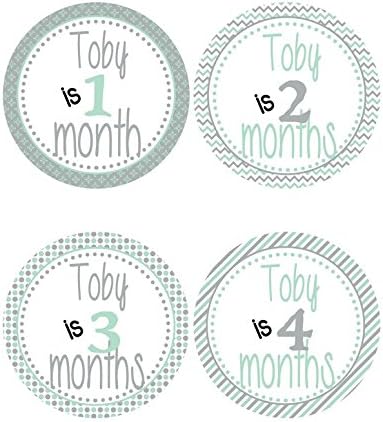 Mint &amp; Gray Patterened Personalized Baby Milestone Stickers - Personalized First Year Stickers